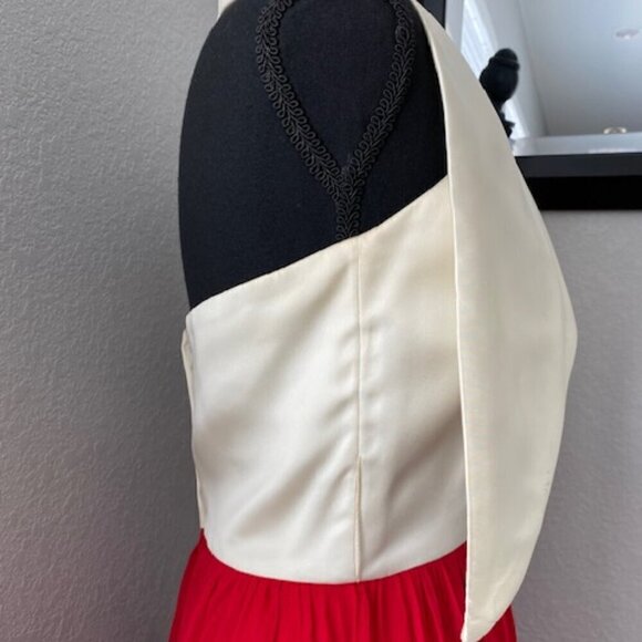 GORGEOUS Vintage 1960s Ivory Satin Halter Dress Red Chiffon Maxi Small 4 - Picture 7 of 16